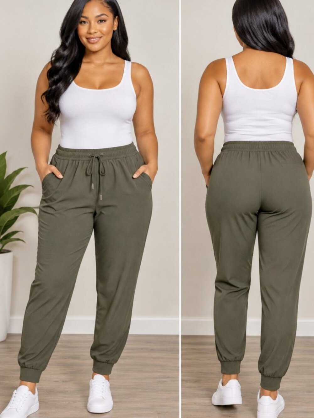 Travel Jogger Womens Olive Green Pants Stretch Drawstring Ankle Cuffs Pants XL
